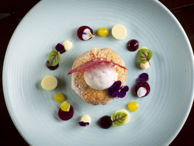 A beautifully plated dessert featuring a sponge cake, ice cream, and vibrant fruit coulis and garnishes.